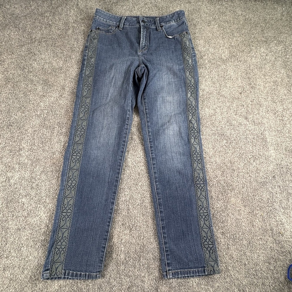 NYDJ‎ Jeans Women 6 Blue Lift Tuck Cropped Embroidered Side Panels Boho Western